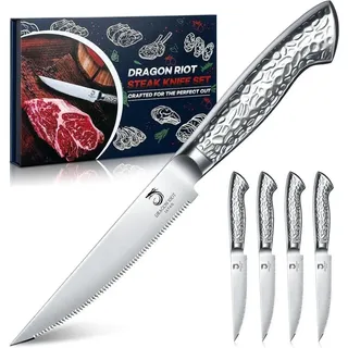 DRAGON RIOT Steakmesser Set 4-tlg. Edelstahl Wellenschliff Silber/Weiß