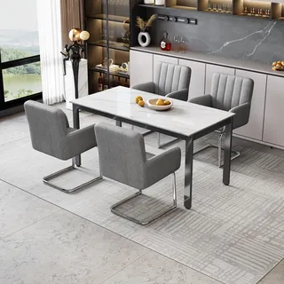 Flieks Polsterstühle 4er Set, Esszimmerstühle Freischwinger 4er Set, Besucherstühle Arbeitsstühle mit Armlehnen und Metallbeinen, PU, Grau - Grau