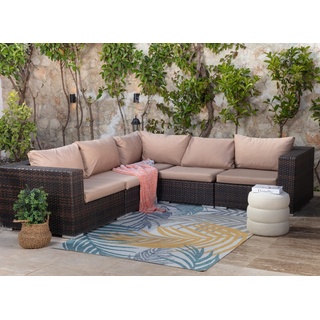 Surya Outdoor Teppich wetterfest, Havana - In und Outdoor Teppich für Balkon 160x213 cm, Terrasse, Garten, Küche - Outdoor Teppich Boho Style, Teppich für draußen - Teppich Blau und Senfgelb