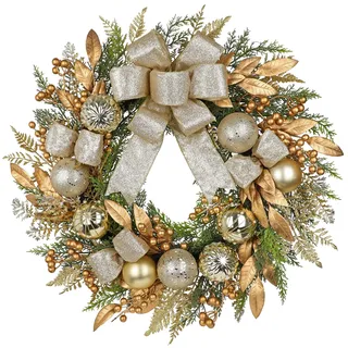 Arbrous Weihnachtskranz Künstlich 60 cm Adventskranz mit Beeren Künstlicher mit Weihnachtskugeln Seidenschleife Gold Weihnachtsschmuck Innen Tür Tisch Fenster Balkon Rustikal Deko