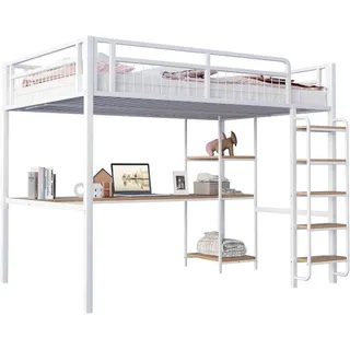Stilvora Hochbett 140/200 cm in Weiß mit Tisch, Regal und Treppe , Metall, Holz , 140x200 cm , Babymöbel & Kindermöbel, Kinderzimmer & Jugendzimmer, Kinderbetten, Hochbetten