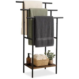 Relaxdays Handtuchständer, Ablage, 3 Stangen, HBT: 100 x 68 x 30 cm, Industrial, stehender Handtuchhalter, braun/schwarz