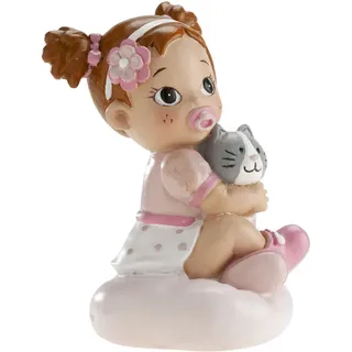 dekora – Taufdeko mädchen mit Katze 10 cm – Tortenfigur für Taufe – Tortendeko für Tauftorte – Aus lebensmittelechtem Harz gefertigt – Originelles und detailreiches Design