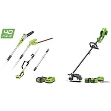 Greenworks Akku-Rasentrimmer G40BC und Akku-Hochentaster & Teleskop Heckenschere 2in1 G40PSH (Li-Ion 40V 25/40cm Schnittbreite 5300U/min 2,4m Teleskopstange mit 3x2Ah Akku und 2 Ladegeräte)