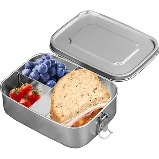 Brotdose Edelstahl mit 3 Fächern und Dichtring,1200ml Lunchbox Auslaufsicher,Vesperdose Butterbrotdose Lässig Brotdose Jausenbox Brotbox Metall für Erwachsene & Kinder Kindergarten Kita Schule
