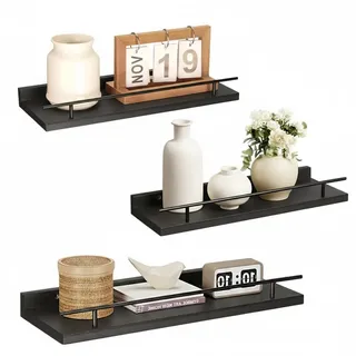 VINATO 3-Teiliges Wandregal Holz Aus Massivholz 40x15x4.5CM Für Küche Wohnzimmer Büro Schlafzimmer, Bücherregal, Schwarz