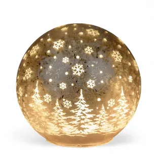 Formano LED Deko-Kugel Frosty-Champagner 12cm Timer 6h/18h beleuchtete Deko - Farbglas in geeister Optik mit winterlichem Dekor - Herbst Winter Weihnachtsdeko für Tisch Regal Fensterbank