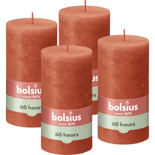 Bolsius Rustik Stumpenkerzen - Orange - Set 4 Stück - 13 x 7 cm - Länge Brenndauer 60 Stunden - Unparfümierte - Natürliches Pflanzenwachs - Ohne Palmöl