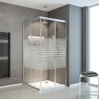 Schulte Duschkabine Sunny Eckeinstieg mit Schiebetüren, variabel von 75 - 90 cm, 180 cm, Montage auf Duschwanne oder Fliese, Profilfarbe Silberfarben, 4 mm Sicherheitsglas (ESG) Dekor Querstreifen - Silber