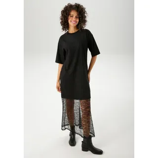 Maxikleid ANISTON CASUAL, Damen, Gr. 42, N-Gr, schwarz, Single Jersey, Obermaterial: 100% Baumwolle. Spitze: 100% Polyamid, unifarben, oversize knöchelfrei, Rundhals, Kleider Maxikleid, mit raffinierter Spitze am Saum