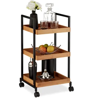Relaxdays Servierwagen, moderner Küchentrolley, Bambus & Eisen, 3 Böden, quadratisch, 4 Rollen, 69,5 x 37 x 34 cm, Natur