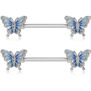 OUFER 14G Nippelpiercing Barbells Brustwarzenpiercing Chirurgenstahl Nipple Piercing Silber Blauer Schmetterling Schmuck