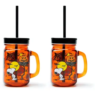 Excelsa Peanuts Halloween Becher mit Strohhalm, Glas, Fassungsvermögen 500 ml. (Packung mit 2)
