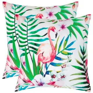 Homescapes Outdoor-Kissen 2er-Set 45/45 cm – Flamingo & Blumen , Multicolor , Textil , Floral , Quadratisch , 45x45 cm , Gartenmöbel, Gartenpolster & Auflagen, Gartenkissen