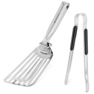 Navaris Grill Zubehör 3-teiliges Set - 1x Doppel Pfannenwender Edelstahl - 1x Grillzange Edelstahl - 1x Metallring zur einfachen Aufbewahrung - BBQ Grillbesteck Set