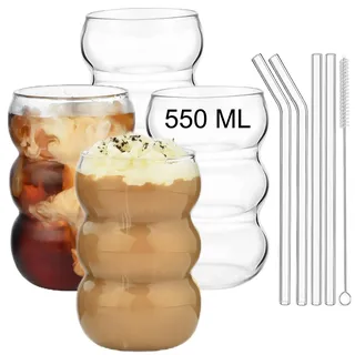ALINK Bubble Gläs 4er Set Trinkglas,550ml gerippte trinkgläser,wave glas,Latte Macchiato Gläser,Eiskaffee Gläser,Longdrinkgläser,Cocktailgläser