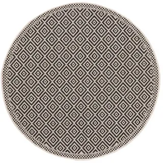 Kunstloft Outdoorteppich rund Cleo Weiß/Schwarz ø 120 cm rund , Schwarz, Weiß , Kunststoff , Grafikmuster , Rund , 120x1 cm , Gots , wasserabweisend , Teppiche und Böden, Teppiche, Outdoorteppiche