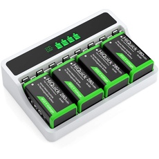 HiQuick 9V Akku Ladegerät mit 4 x 9V Akkus, 9V Ladegerät für 9V NI-MH wiederaufladbare Batterien, 4 x 9V 280mAh NI-Mh Akkus, 4-Ladeplatz mit LCD Anzeige