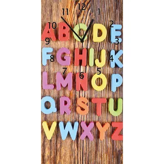 Wallario Design Wanduhr bedruckt, Größe 30 x 60 cm, Motiv: Bunte Buchstaben - Alphabet auf Holz - Schwarz