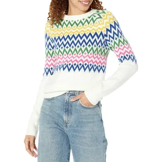 Amazon Essentials Damen Soft-Touch-Pullover mit Rundhalsausschnitt und Fair-Isle-Muster, Weiß Winter Fairisle, S