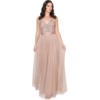 Maya Deluxe Damen Maxi Abendkleid Elegant Für Hochzeit Mit V-ausschnitt Tüllkleid Schleife Brautjungfernkleid, Taupe Blush, 42 EU