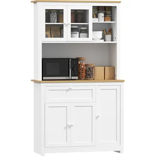 HOMCOM Küchenschrank, Küchenbuffet mit Schublade, Mehrzweckschrank mit 2 Offenen Ebenen, 3 Schränken, Vitrinenschrank mit Tischplatte für Wohnzimmer, Weiß, 100 x 40 x 180 cm - Weiß