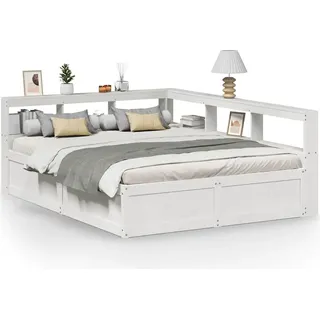 vidaXL Massivholzbett mit Regal ohne Matratze Weiß 160x200 cm Kiefer - Weiß