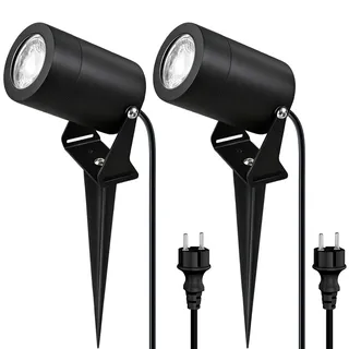 JNR Edelstahl LED Gartenbeleuchtung mit Strom und Erdspieß, Schwarz 2 Pack | IP65 Wasserdicht Gartenlampen für Draußen Strom mit 2M Kabel mit Stecker, Gartenleuchten 5W GU10 3000K Warmweiß Glühbirne