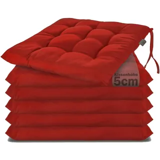 Brandsseller 6er Set Stuhlkissen 40x40x5 cm Sitzkissen Polster Stuhlauflage mit Haltebändern Dekokissen für Indoor Outdoor gesteppt - Rot