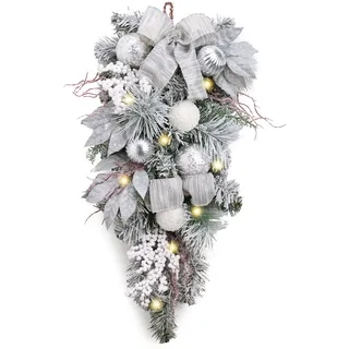 Valery Madelyn 24 Zoll /61CM Weihnachten Teardrop Swag Groß mit Led Timer, Christmas Swag mit Silber Weihnachtskugeln Band Bogen für Haustür, Treppe, Veranda, Fenster, Kamin, Outdoor