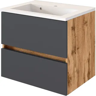 Waschtisch mit Unterschrank 60 cm LOUROSA-03 in Wotaneiche Nb. mit matt grau, B/H/T: ca. 60/56/47 cm - Braun