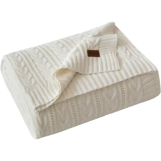 Talasily Strickdecke 150x200cm 100% Baumwolle Oeko-TEX, leichte Ganzjahresdecke Zopfmuster, atmungsaktiv weich für Frühling Sommer Herbst, Tagesdecke für Bett & Sofa, Wohnaccessoire Weiß