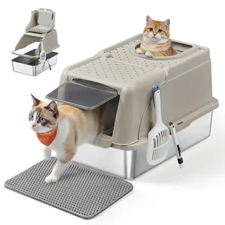 Feandrea Edelstahl Katzenklo, XL, Katzentoilette mit Deckel, mit Schaufel, Bürste und 2 Eingängen, für Katzen bis 15 kg, cappuccinobeige - Beige