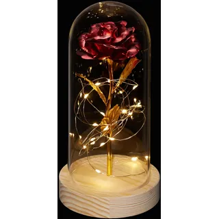 Relaxdays Ewige Rose im Glas, mit LED-Beleuchtung, Kunstrose als Mutter-, Jahres- oder Valentinstaggeschenk, rot/gold