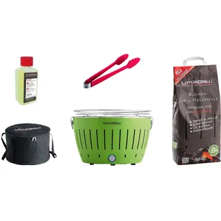LotusGrill Starter-Set Classic 1x Grill Limettengrün USB-Anschluß, 1x Buchenholzkohle 2,5 kg, 1x Brennpaste 200ml, 1x Zange (Farbe nach Vorrat), 1x Transport-Tragetasche - der raucharme Holzkohlegrill - Grün