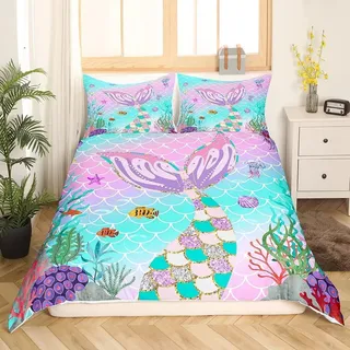 Bettwäsche Set Meerjungfrauen Schwanz Fischschuppen 155x220 cm Pastellrosa Polyester