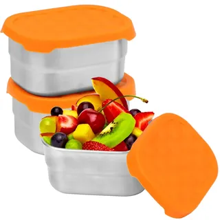 NIXRET 3 Stück Snack-Behälter, 230ml 304 Edelstahl Metall Soße Lebensmittel Lagerung Box Container Mit Silikon-Deckel, Wiederverwendbare Kleine Tragbare Auslaufsicher Food Lunch Boxen Set