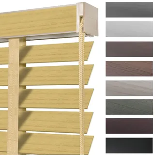 Holzjalousie Innen, Jalousien aus Echtholz für Schlafzimmer mit 5 cm Lamellen, Horizontale Jalousette Verdunkelungs- & Lichtdurchlässige Für Büro Sonnenschutz/Wärmedämmvorhänge(Original Wood Grain)