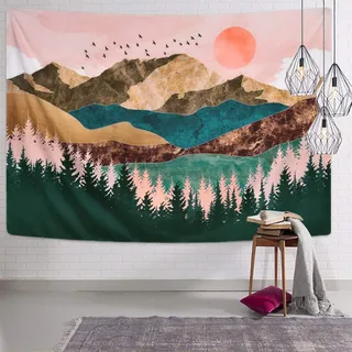 Alishomtll Wandteppich Wald Baum Berge Tapisserie Tuch Sonnenuntergang Wandtuch Wandbehang Landschaft Sonne Dekoration für Kinderzimmer 150X130cm