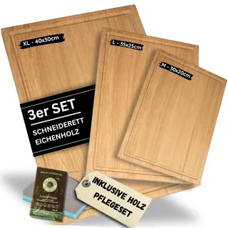 ASTREIN® Schneidebrett Eiche – Massives Holzbrett 3er Set – Hochwertiges Küchenbrett aus Eichenholz – Robust, langlebig & messerschonend – Ideal als Schneide‐ & Servierbrett (3er Set)