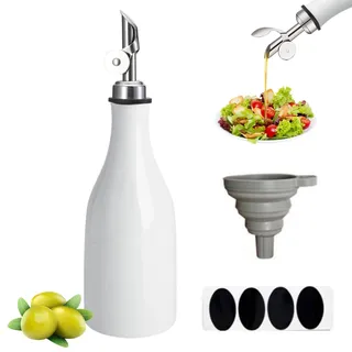 Qivine 300ml Ölflasche mit Ausgießer, Tropffrei Essig Öl Flaschen Keramik zum Befüllen, Oil Dispenser mit Trichter & Etikett für Küche und BBQ, Einfacher Stil (Weiß)
