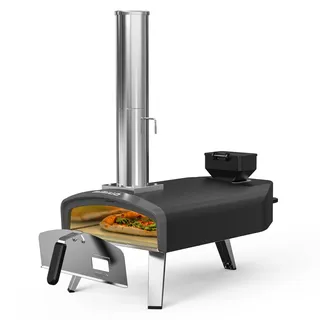 Mimiuo Pellet Pizzaofen mit 33cm Pizzastein, Tragbarer Outdoor Pizzaofen für Pellets, Pizza Oven Ideal für Camping & Garten, Schwarz