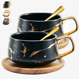 TELANKS 2 x 300 ml Cappuccino Tassen mit Untertassen & Löffel, Espressotassen Set, Elegant/Modern Kaffeetassen aus Keramik für Cappuccino, Latte, Espresso und Tee, Schwarz