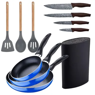 3 Pfannen-Set (16+20+24cm) Aluminium gepresst, Induktion, Marineblau Paradise mit 3 Kuchenutensilien-Set, Silikon, Holz, mit 4-teiliges Messer-Set A