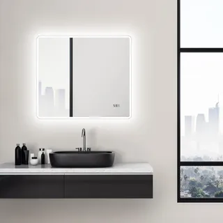 Talos Sun LED Badspiegel 80x70 cm mit Beleuchtung – Wandspiegel mit LED-Lichtumrahmung – Beleuchteter Badezimmer Spiegel mit neutralweißem Licht – Spiegel mit Digitaluhr für Bad