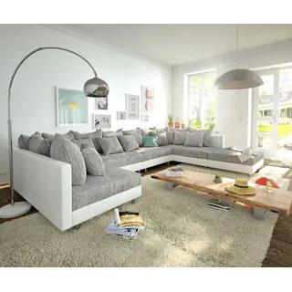 DeLife Wohnlandschaft Clovis XL Weiss Hellgrau Modulsofa Hocker - Grau/Hellgrau