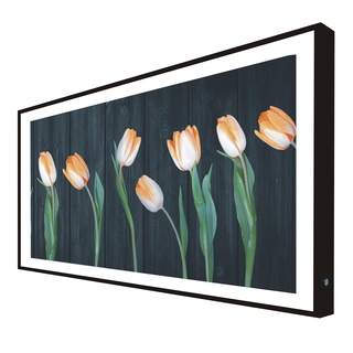 Bild mit Holzrahmen, schwarz lackiert, mit LED-Licht, Blumen, Tulpenmuster