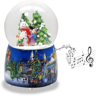 Schneekugel Weihnachten Spieluhr | Kinder Bauen Schneemann | Sockel Weihnachtsmarkt mit Polyhaus | mit Musik | H:14 cm B: 10 cm | Schüttelkugel | 20260