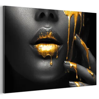 MuchoWow Metallbild Frau - Schwarz - Gold - Gesicht - Lippen 90x60 cm , Goldfarben , Metall , Rechteckig , 90x60 cm , einfache und schnelle Anbringung , Bilder & Rahmen, Bilder, Holz & Metallbilder