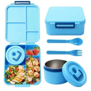 Lunch Box Set mit 320ml Thermobehälter für Essen, Auslaufsicher Brotdose mit 4 Fächern, Auslaufsicher Lunchbox mit Besteck, Isolierte Lunchtasche, BPA-Freie Thermo Lunchbox Kinder, Schule, Ausflüge